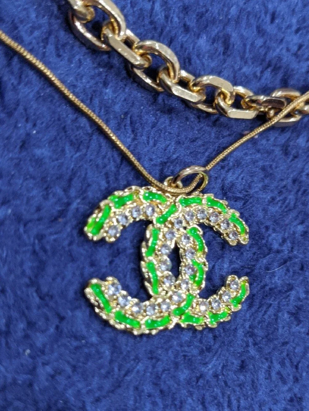 Modern Lux Gold Necklace with Green and Clear Crystal Logo Pendant -Not Chanel